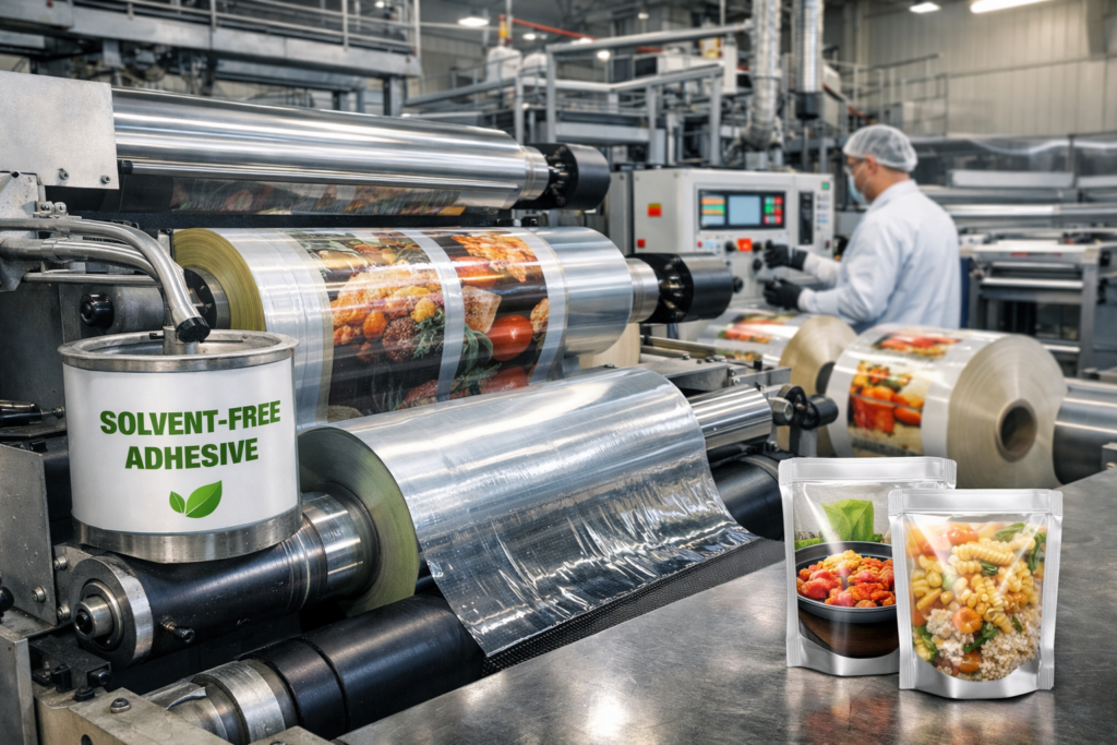 Proceso industrial de laminado flexible con adhesivo sin solventes para envases alimentarios sostenibles