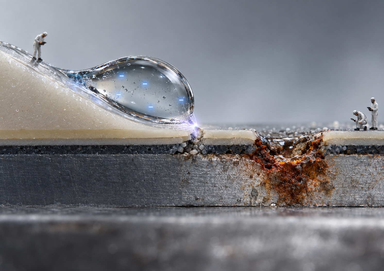 Gota de agua cargada eléctricamente dañando un recubrimiento protector y favoreciendo la corrosión del metal