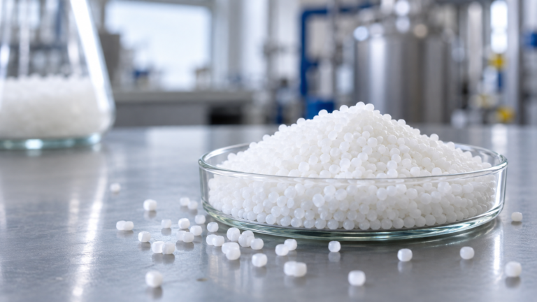 Gránulos blancos de urea en laboratorio industrial