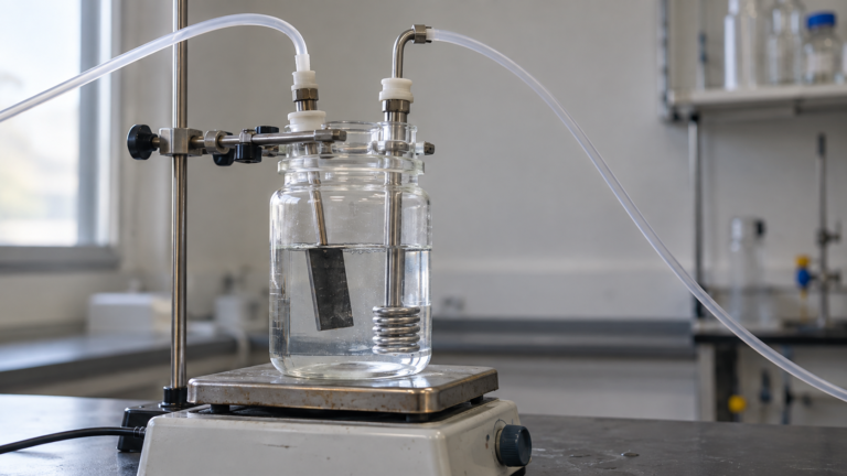 Representación conceptual de un montaje de laboratorio con agua de mar, un catalizador sumergido, calentamiento, refrigeración y suministro de oxígeno para producir peróxido de hidrógeno.